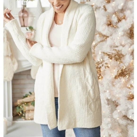 Barefoot Dreams Cardigan Cabin Cable CozyChic Knit Shawl Collar Cream L NWT - Picture 2 of 13